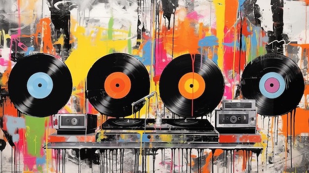 グランジ・ヴィニール・レコード ポップ・アート・グラフィティ 活気のある色 インク溶けた塗料 ストリート・アート