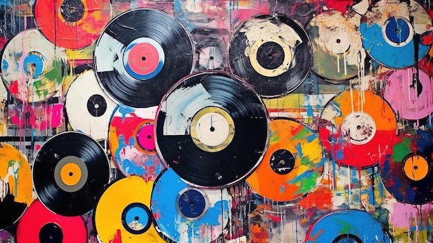 Generative ai grunge vinyl records pop art graffiti vibrant color ink melted paint street art