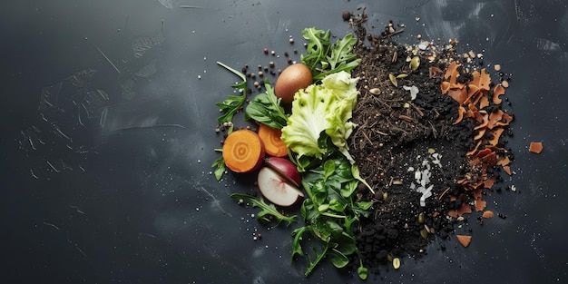 Foto ai generativa metà del compost di rifiuti alimentari e metà del fondo ambientale del suolo biodegradabili