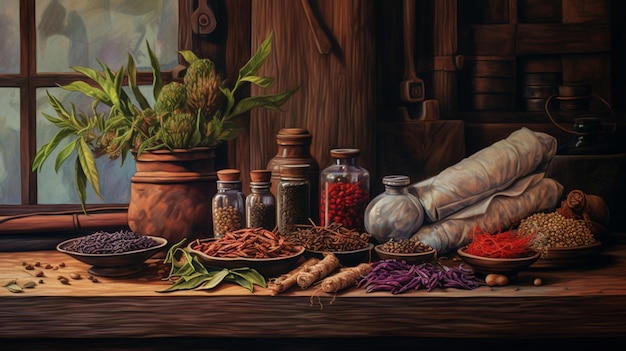 Photo generative ai a hand drawn painting of traditional indian spices photo