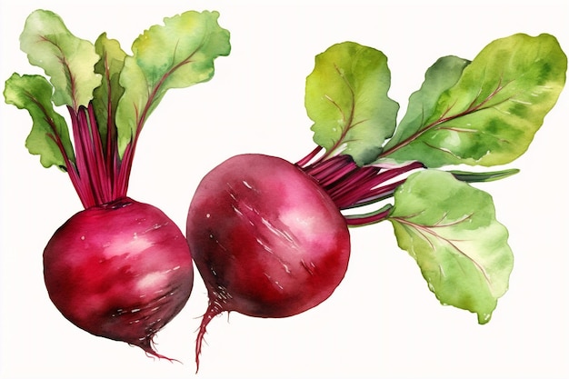 Generative AI Hand drawn watercolor illustration of red beet with green leaves isolated on the whi