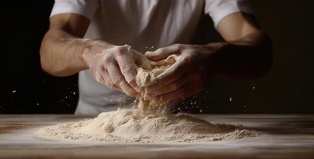 Foto ai generativa le mani del panettiere nel ristorante o nella cucina domestica preparano pasticcini ecologicamente naturali