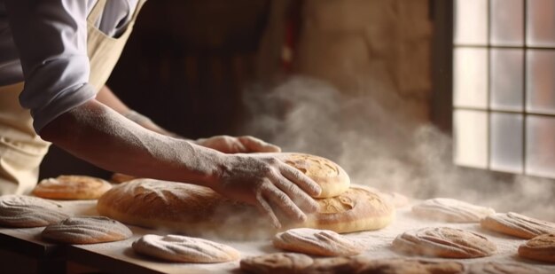 Generative AI Hands of baker in restaurant or home kitchen prepares ecologically natural pastriesx9