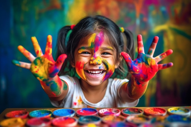 Generative AI hands in colored paint a happy child girl