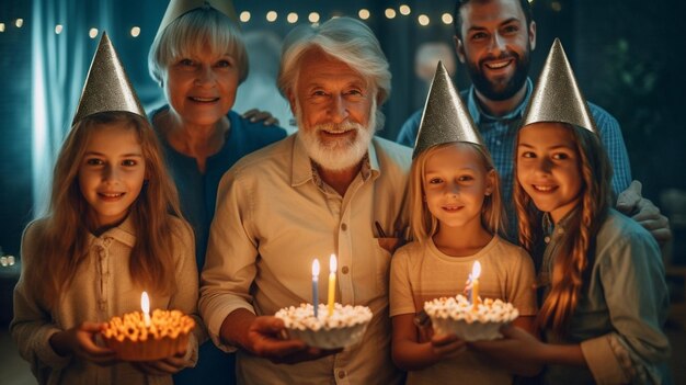 Генеративный ИИ Счастливая большая красивая семья в праздничных шляпах хлопает в ладоши и улыбается во время празднования