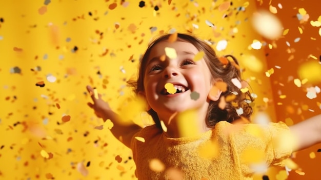 Generative AI happy birthday children girls with confetti on colored yellow background