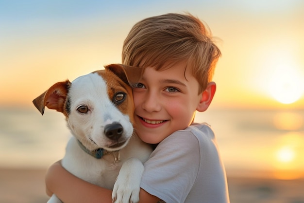 Generative AI Happy boy hugging his dog breed Jack Russell terrier at the seashore against blue sk