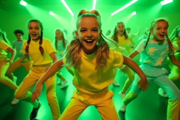 Генеративный ИИ Счастливые дети танцуют Группа маленьких девочек в спортивном повседневном стиле
