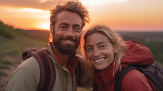 Generative AI happy couple man and woman tourist at top of mountain at sunset outdoors during a hi