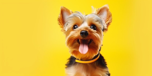 생성적 AI 해피 개 강아지가 눈을 윙크하고 닫힌 노란색 배경에서 웃고 있습니다.