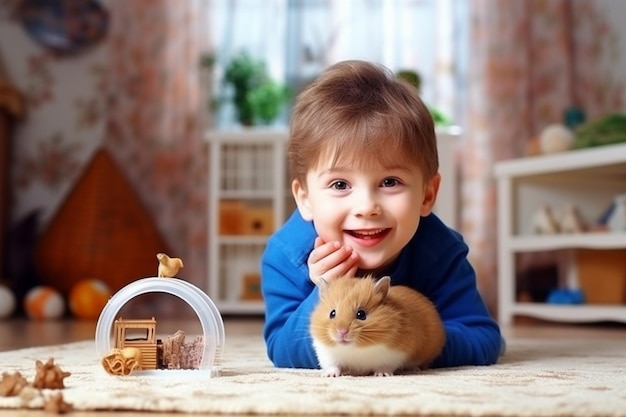 생성적 AI 행복한 부활절 행복한 재미있는 아기 소년이 부활절 토끼와 놀고 있습니다