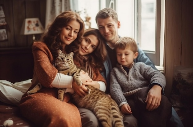 Generative AI Happy family couple and a cat in Christmas at home