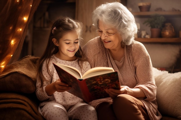 Generative AI 행복한 가족 할머니와 아이가 책을 읽고 웃으며 노인 여성과 유대감을 형성합니다.
