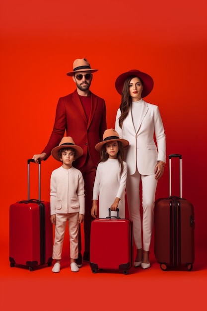 Photo generative ai happy family mother father and children daughter and son near an empty red wall