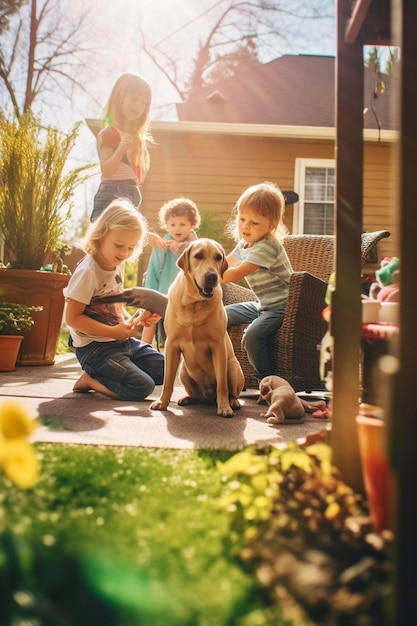 お気に入りのペットの犬ラブラドールと遊ぶ陽気な子供たちと生成 AI の幸せな家族の親