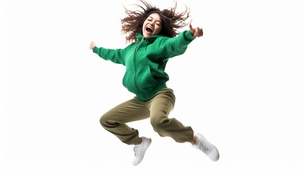 Generative AI happy girl jumping isolated on white background