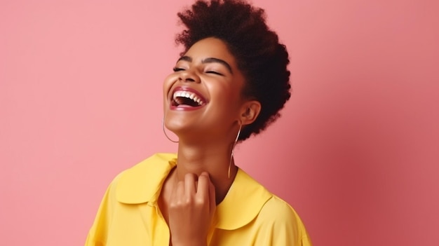 Generative AI happy hopeful African American woman in colorful pink garments laughing isolated on yellow background