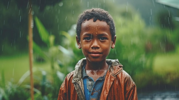 生成 AI 雨の中外に立つ幸せなネイティブ アフリカの少年