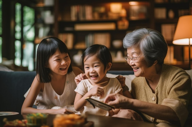 生成 AI 幸せな多世代家族の祖母母とウサギの耳の娘が笑う