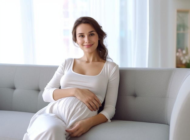 Generative AI happy pregnant woman is resting at home on the sofa