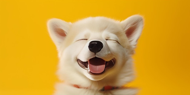 Генеративный ИИ Счастливый щенок улыбается на изолированном желтом фоне