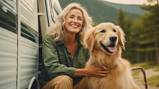 Generative AI of a happy senior female host tending to her golden retriever beside a camper van