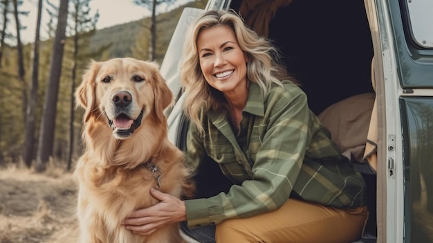 Generative AI of a happy senior female host tending to her golden retriever beside a camper van