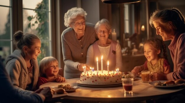 Генеративный ИИ Счастливая пожилая женщина-бабушка держит торт с горящими свечами и собирается приготовить