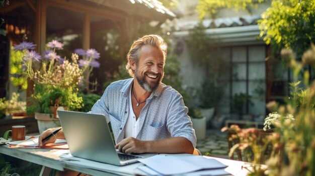 Generative AI Happy young enthusiast male businessman tutor freelancer sitting in front of laptop