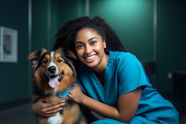 Generative AI Happy young pet owner consulting with AfricanAmerican male veterinarian in blue med