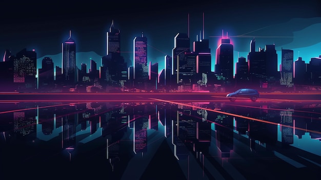 Generative AI는 네온 대도시의 한밤중 도시 경관을 만들었습니다.