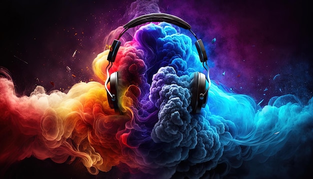 generative ai headphone realistic Futuristic fantatasy cloud smoke colorful art Technology concept