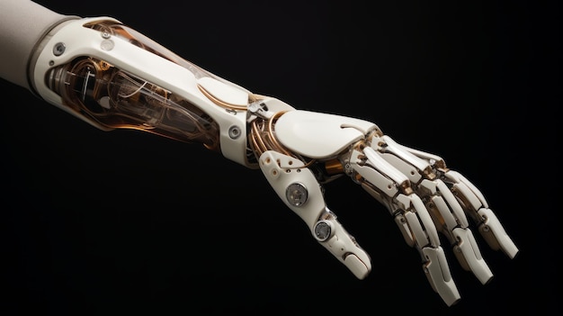 Generative AI A hightech visualization of a bionic limb featuring cuttingedge materials and innovative mechanisms for improved dexterity and movement