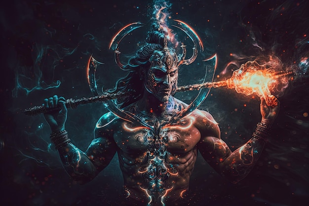 생성 AI 힌두교 신 Shiva 다채로운 인도 힌두교 신 Shiva 손을 잡고 트라이던트 신 Shiva 서사시 포즈 trishula 마술 손에 tshirt 인쇄 포스터 힌두교 종교 예술