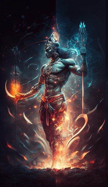 Generative AI Hindu god Shiva Colorful indian hindu God Shiva hand holding Trident God Shiva epic pose with trishula magic in hand for tshirt print poster Hindu religious art