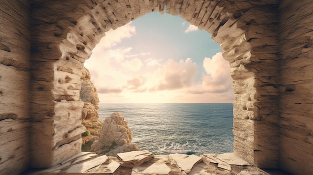 Generative AI historic medieval stone arch windows with romantic view of sea or ocean summer landscape background