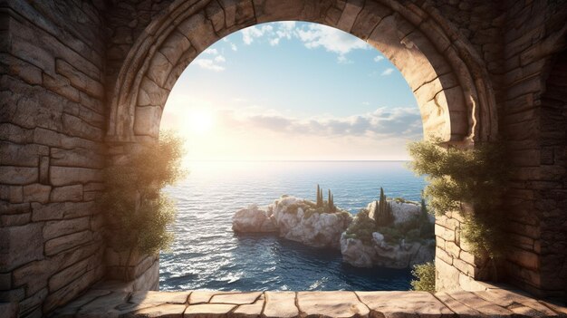 Generative AI historic medieval stone arch windows with romantic view of sea or ocean summer landscape background