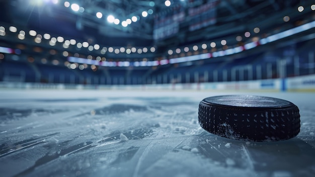 Генеративный ИИ Хоккейная арена с шайбой вблизи спортивный ледовый стадион