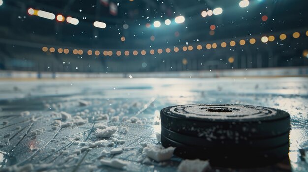 Generative AI Hockey arena with puck close up sport ice rink stadium