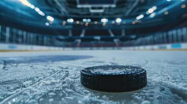 Photo generative ai hockey arena with puck close up sport ice rink stadium