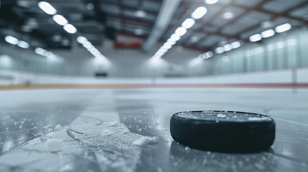 Генеративный ИИ Хоккейная арена с шайбой вблизи спортивный ледовый стадион