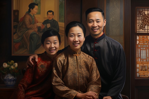 Generative AI home portrait of a threegeneration asian family