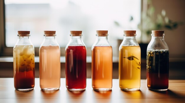 Foto generativa ai kombucha fermentata fatta in casa bevanda sana tè bevanda naturale con sapore probiotico