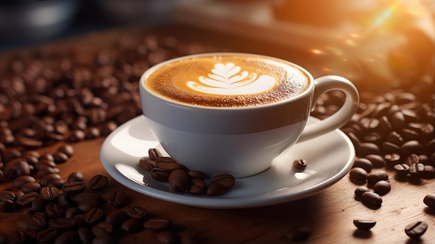 Generative AI hot cappuccino with latte art on wooden table with coffee beans