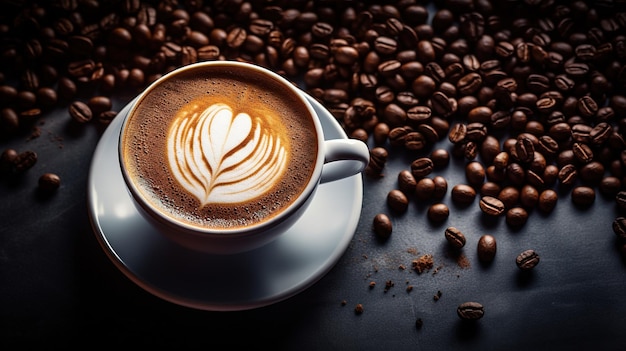 Generative AI hot cappuccino with latte art on wooden table with coffee beans