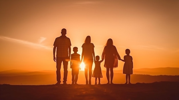 Generative AI a huge happy family including a mother father son and daughter at sunset