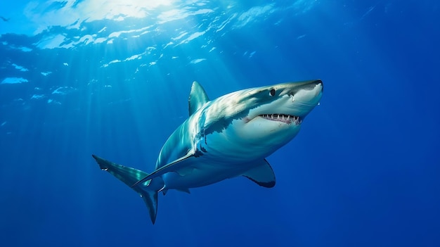 Photo generative ai huge white shark in blue ocean swims under water sharks in wild marine life underw