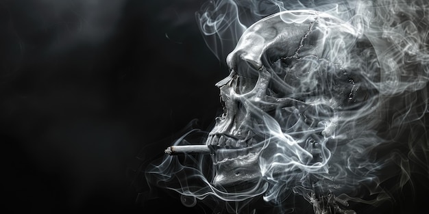 Generative AI Human skull is smoking on dark background no smoking concept