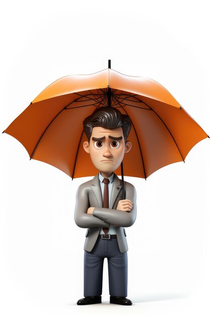 우산을 들고 있는 실망한 3D 만화 남자의 생성적 일러스트레이션