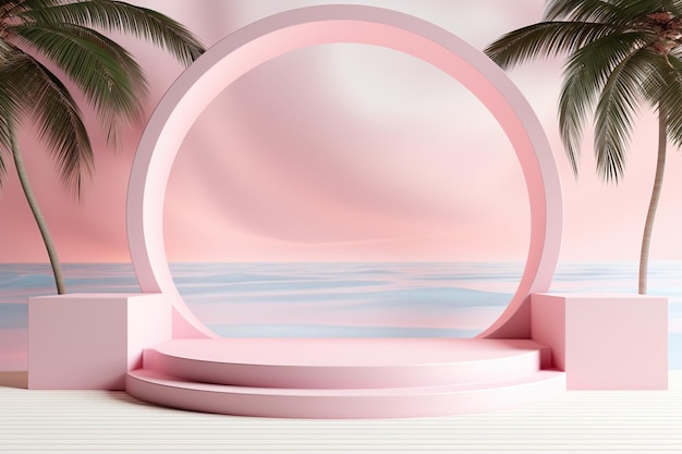 Generative AI illustration of 3D display podium pastel on palm beach abstract background Spring and summer nature minimal pedestal